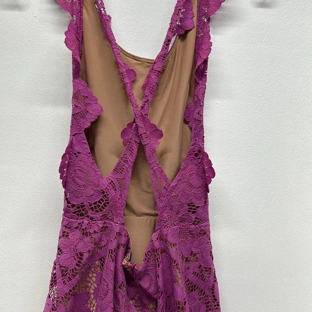For Love & Lemons Gianna Apron Mini Dress Floral Lace Sleeveless Open Purple XS - Picture 7 of 13